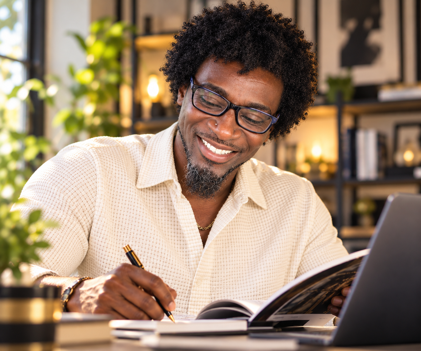 Myreon Coleman, founder of LCM Production & Publishing LLC, smiling while working at his desk
