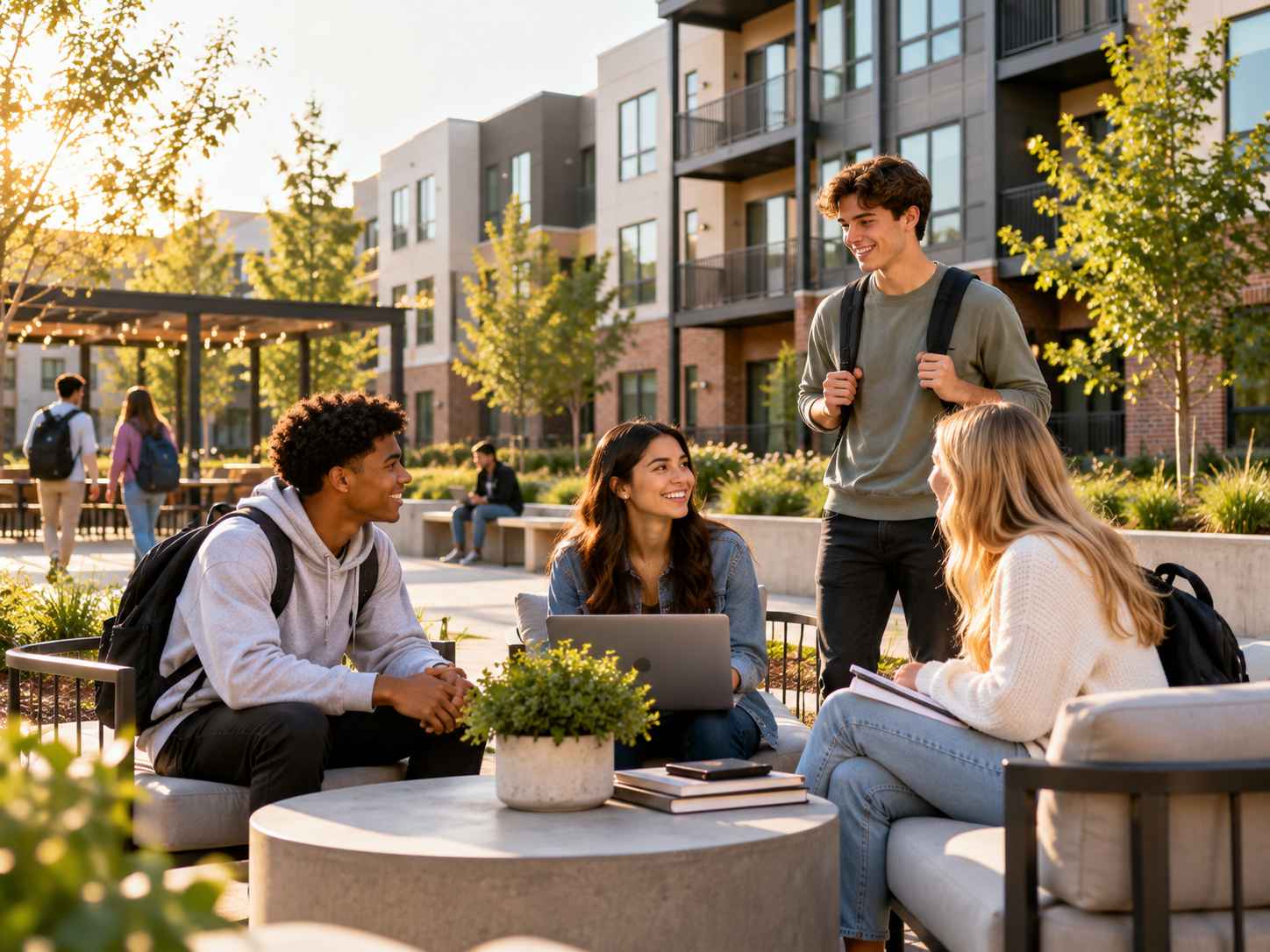 Residents gathered in a modern student housing courtyard at golden hour
