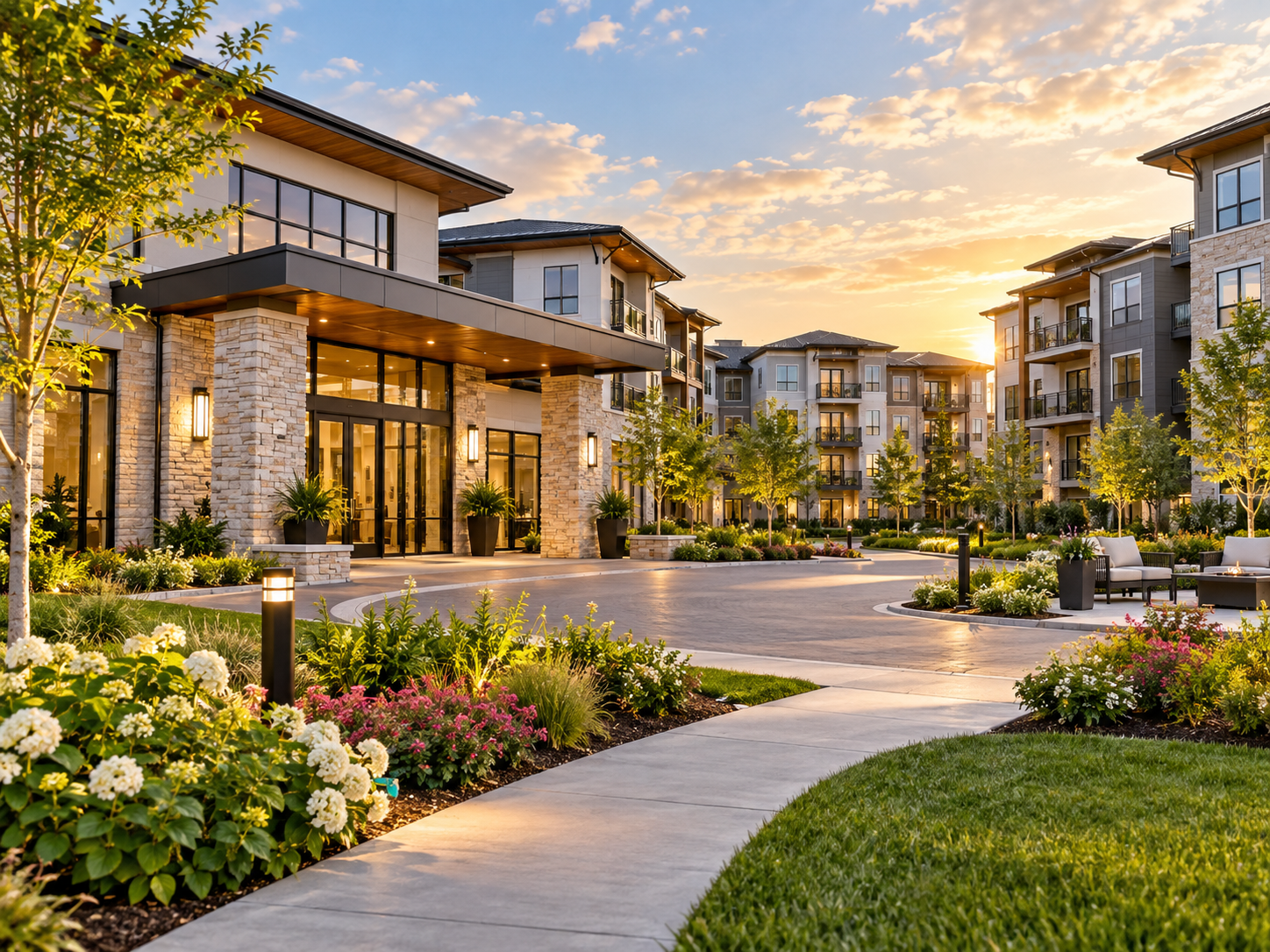 A landscaped modern apartment community entrance and courtyard at golden hour