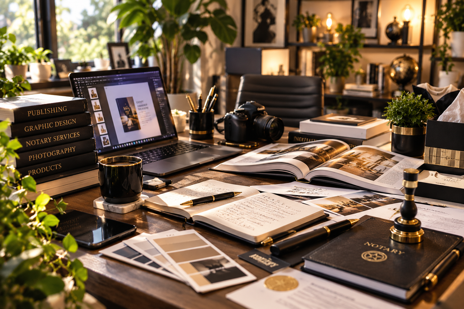 The LCM workstation, with publishing, design, photography, products, and notarial work side by side