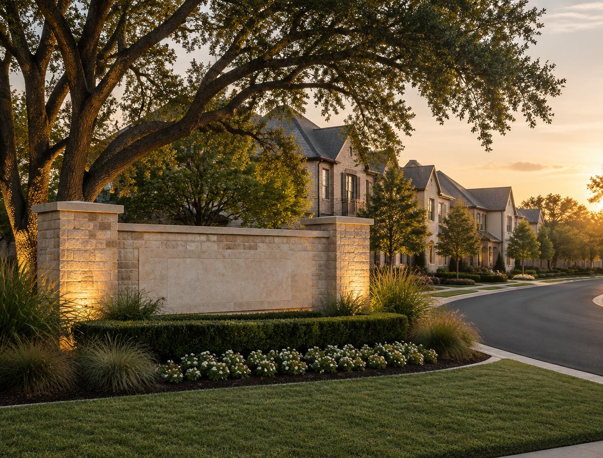 A landscaped residential community entrance with homes and mature trees at golden hour
